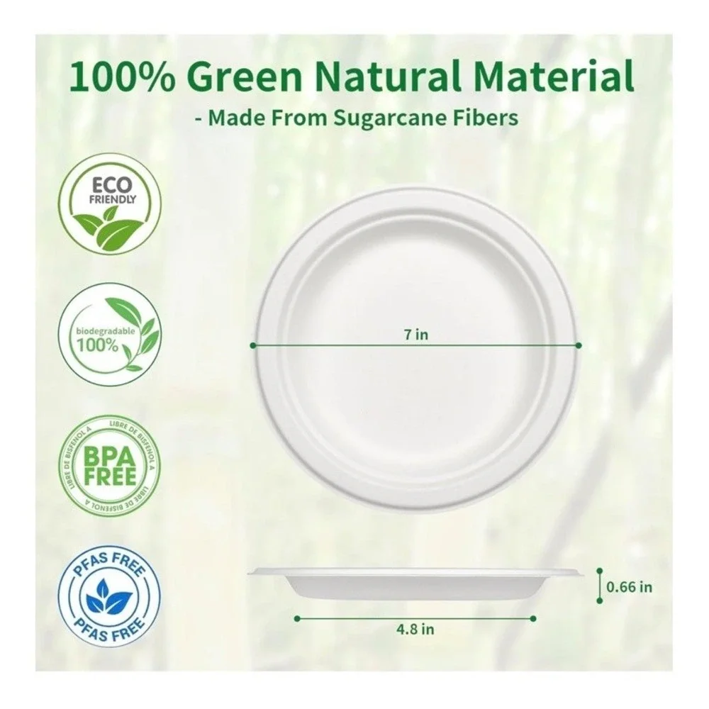 Aricsen 150 Pack 7 Inch Compostable Disposable Round Paper Plates, Natural Wh...